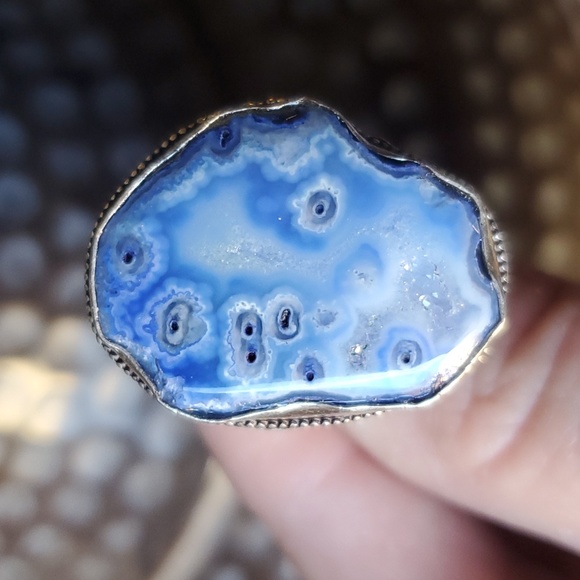 New Blue Solar Quartz Agate Druzy 925 Silver Statement Ring. - Picture 10 of 16